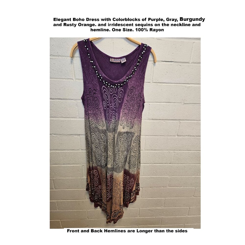 Boho Dress of Purple, Gray, Burgundy, Dusty Orange Color Blocks, with Sequins
